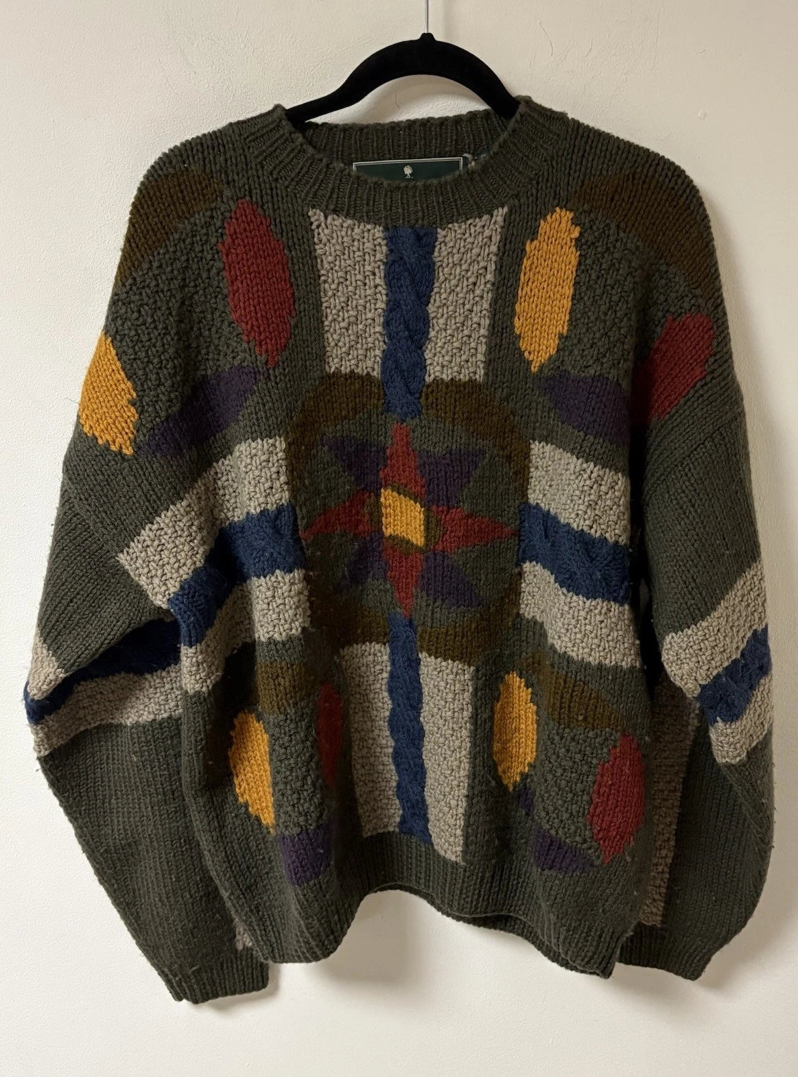 JJ Farmer Mens Handknit Sweater 100% Wool Geometric Oversized Large