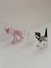 3 Small Glass Animals 2 Elephants 1 Cat Hand Blown