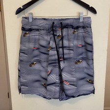 George Swim Trunks Men  s Medium 32-34 Blue Striped Waves Boat Pattern 3 Pocket