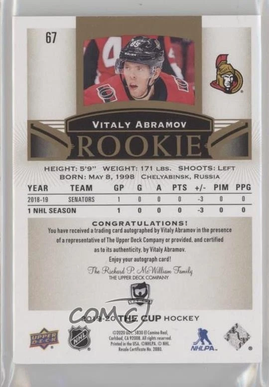 2019-20 Upper Deck The Cup Gold Spectrum Foil /36 Vitalii Abramov Rookie Auto RC - Image 2 of 2