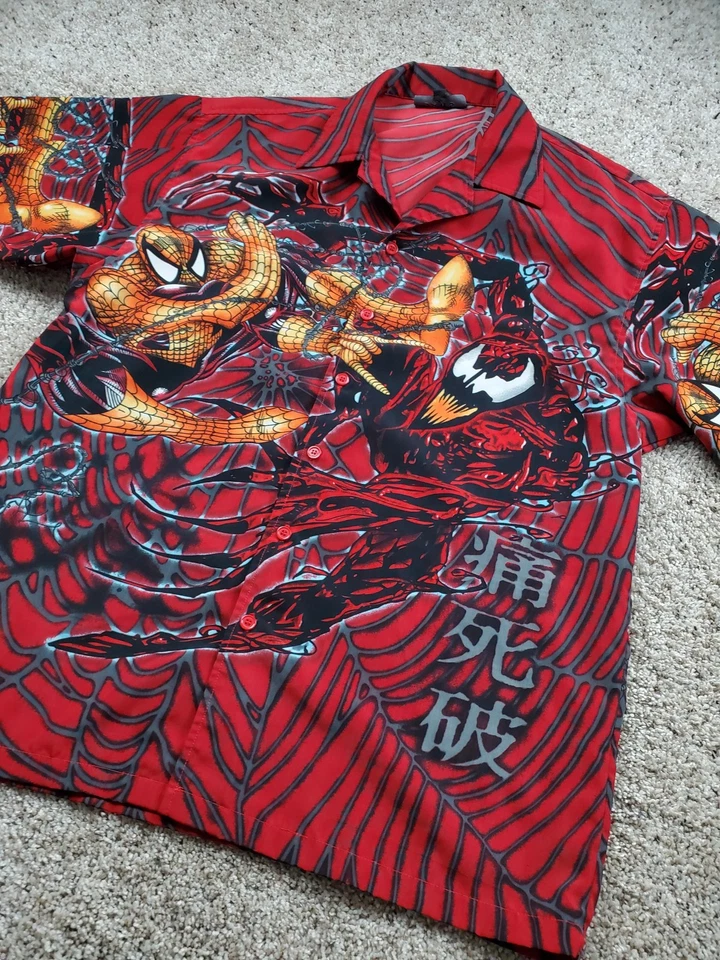 Vintage Marvel Spider Man Carnage Shirt Mens Medium Red JAWS Button Up Y2K - Image 2 of 4