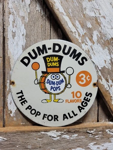VINTAGE DUM DUMS PORCELAIN SIGN OLD LOLLIPOP CANDY SWEET TREAT KIDS FOOD SUCKER