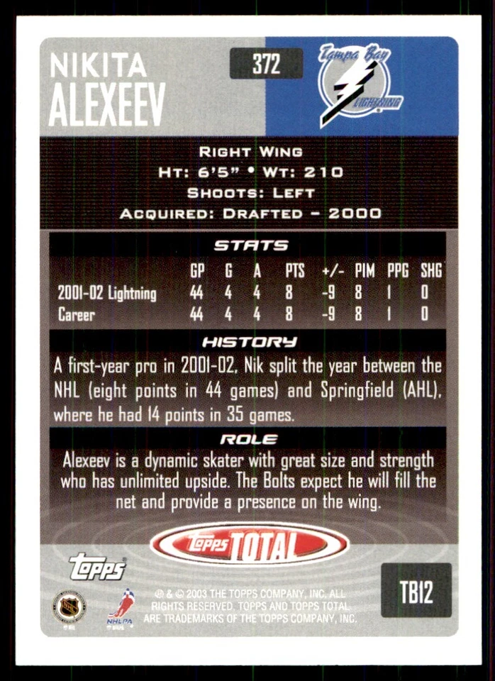2002-03 Topps Total Nikita Alexeev Tampa Bay Lightning #372 - Image 2 of 2