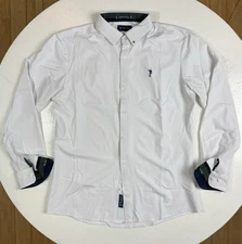 William Murray Golf Shirt Men’s Medium White Button Down Stretch LS Plaid Cuffs