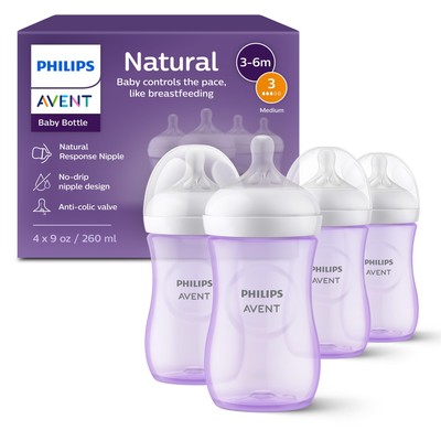 Philips Avent Natural Baby Bottles 4 Pack Purple 9oz Anti Colic Medium Flow