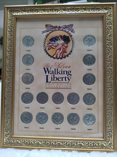 16 Walking Liberty Half Dollars Collection Framed Display 1929 to 1947