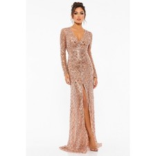 Mac Duggal Rose Gold Sequin Long Sleeve V-Neck Front Slit Gown Dress 8 20120D