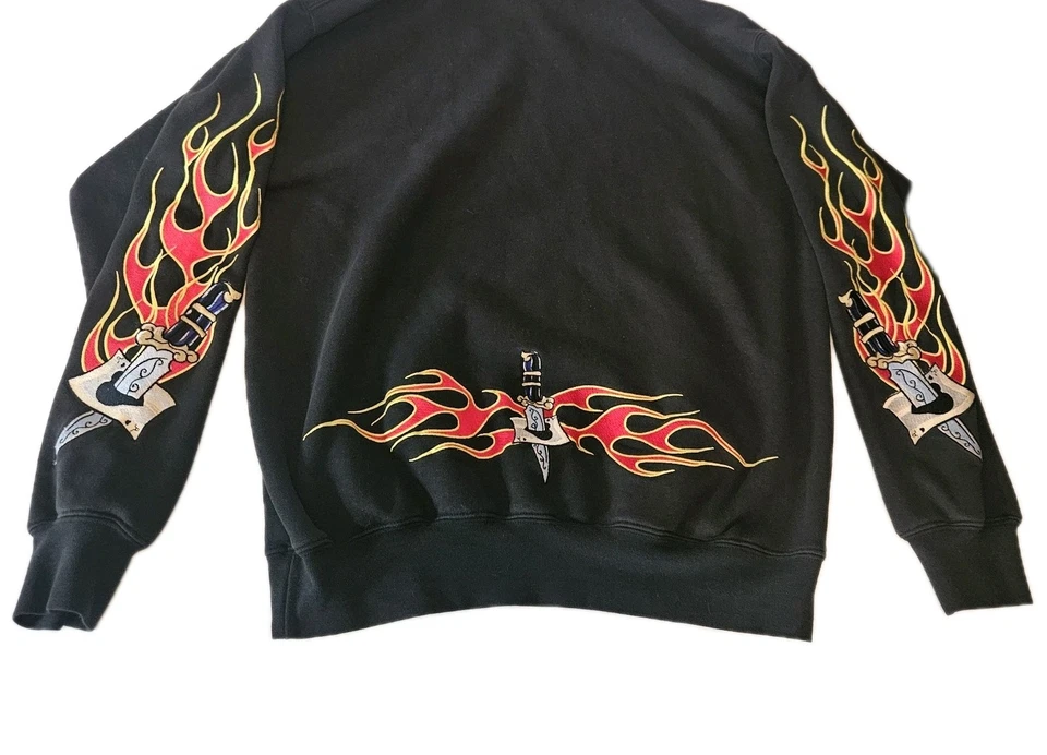 Vintage Y2K Zafiro Salón Desteñido Bordado Llama Mangas Grandes Estilo Jnco Foto 4 de 4