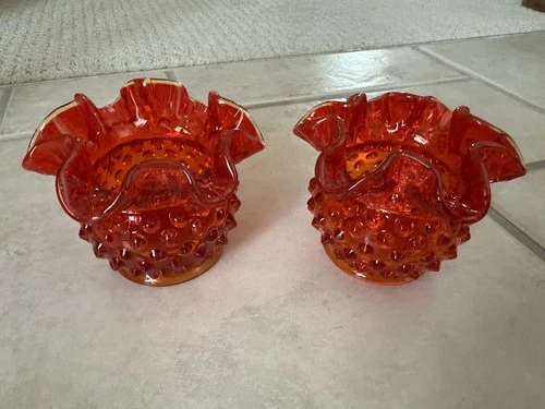 Vintage Fenton ? Red Amberina Ruffled Crimped Edge Hobnail 3” votives