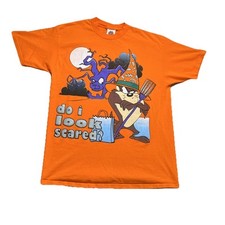 VTG Looney Tunes Taz Halloween Shirt XL Orange Do I Look Scared Fits Slim 1998