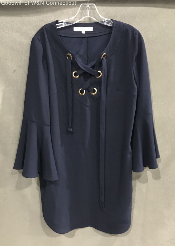 Trina Turk Women's Navy Lace Up Eyelet Bell Sleeve Tunic Blouse Sz 4
