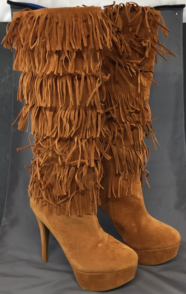 Bota de gamuza plataforma Anne Michelle hasta la rodilla Stiletto marrón flecos talla 10 para mujer