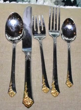 Vtg Oneida Cube Stainless Steel Flatware GOLDEN Damask Rose 5 PC Place Setting 1
