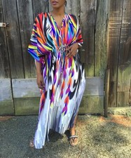 Winlar RED BLUE Abstract Satin V Neck Caftan Cover-Up Gown Robe