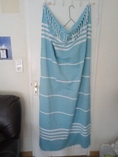 Drap de plage turquoise et blanc Neuf coton H 170 cm L 89 cm