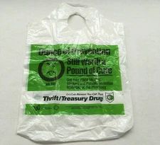 Vintage defunct thrift treasury drug store Mr Yuk green plastic shopping bag