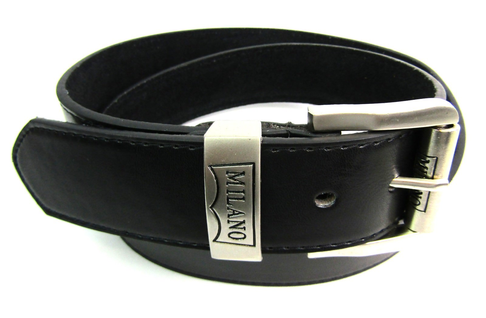 MENS BLACK HIGH QUALITY LEATHER BELT SILVER BUCKLE DESIGNED BY MILANO