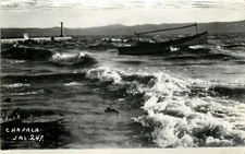RPPC Mexico Postcard L476 Real Photo Chapala Rough Ocean Fishing Boat Waves Sea