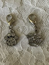 Lot Of 2 Dog Cat Pet Silver Toned Collar Rhinestone Charms Paw And Crown