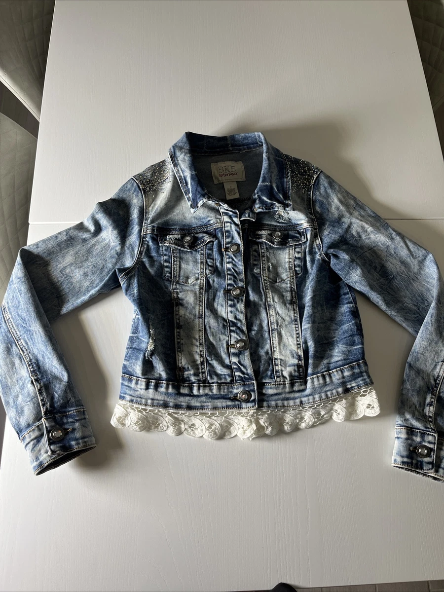 Bke Outerwear Buckle Denim Jean Jacket Size Medium Lace Bling Acid Wash distress