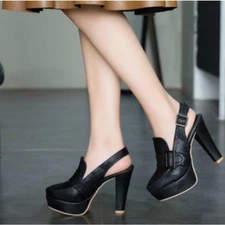 Ladies Platform Slingbacks Party Clog Shoes Women's Strap Buckle Block Heels New