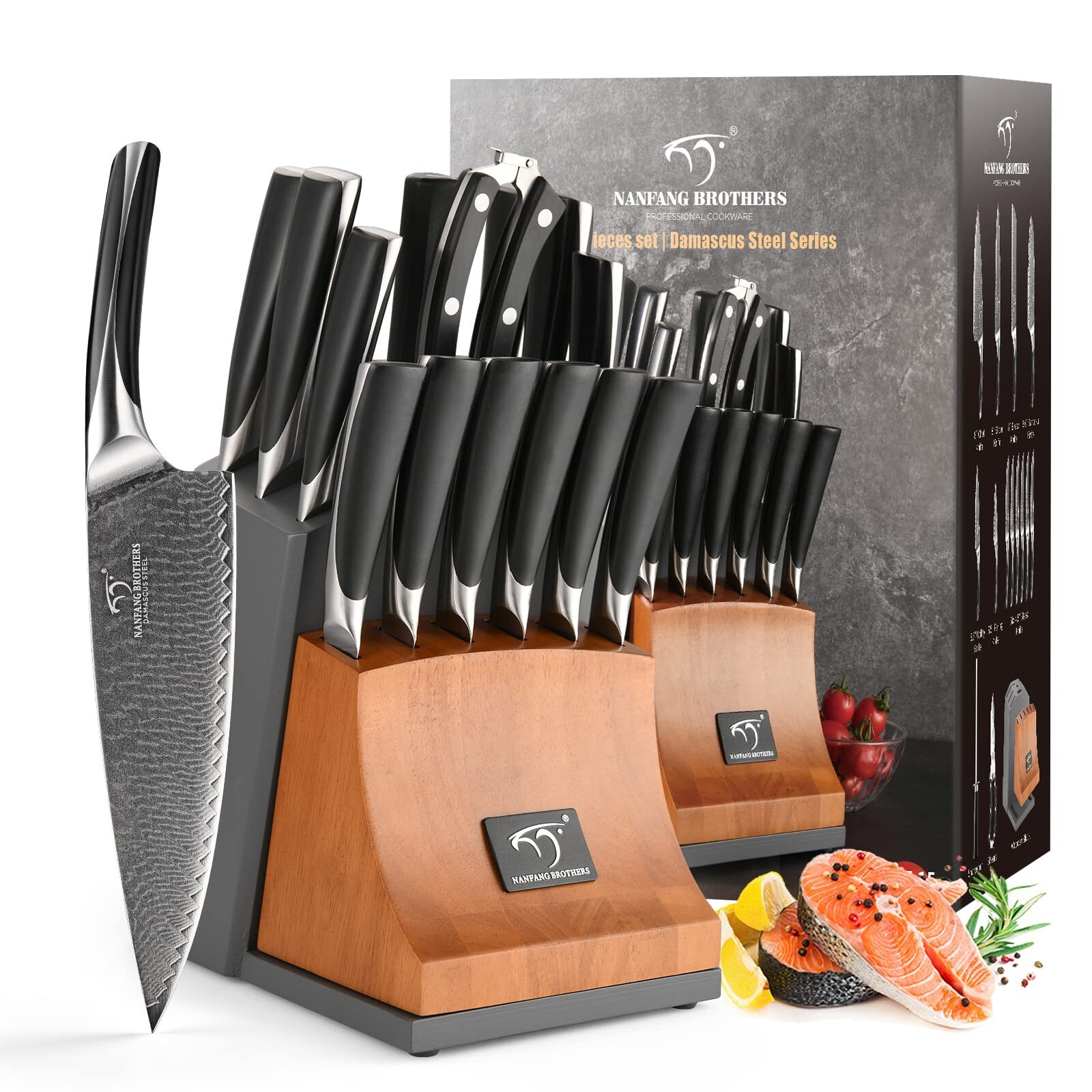 NANFANG BROTHERS Knife Set, 15-Piece Damascus Kitchen Knife Set with Block, A...
