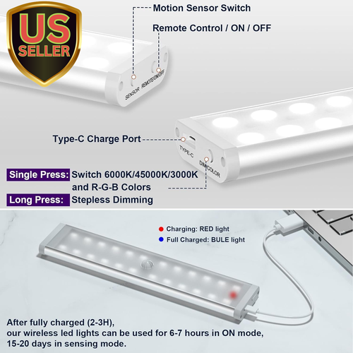 Under Cabinet Lights Wireless, 58-LED Rechargeable Motion Sensor Closet Light... - Picture 4 of 6