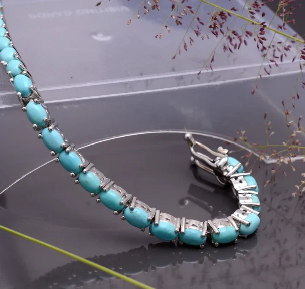 925 Sterling Silver Natural Turquoise Silver Tennis Handmade Women Bracelet - Image 2 of 3