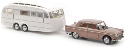 Norev 1/18 Peugeot 404 1965, Marron Métallisé Avec Caravane Hénon, Neuve