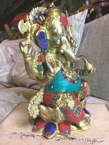 Ganesh grande statua ottone pietre intarsiate scultura tempio divinità orientale 31 cm 8 kg - Foto 7 di 12