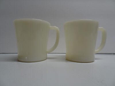 2 Vintage Fire King D Handle ivory milk glass diner style mugs