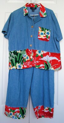 DENIM & TROPICAL PRINT PANT SUIT by TY WEAR, SZ 18W