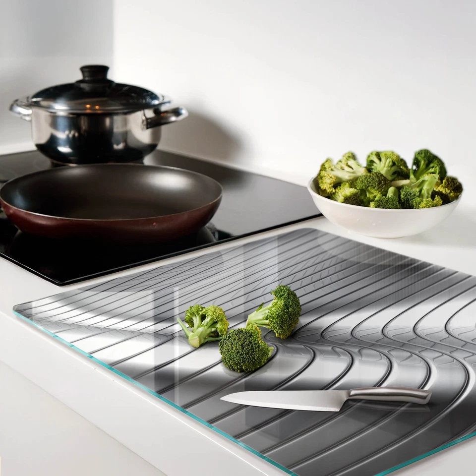 Copri Piano Cottura Fornelli Tagliere 60x52cm Modello 3d argento Vetro Temperato - Immagine 3 di 4