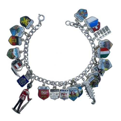 Vintage 1960's Sterling Silver Enamel European Country Charm Bracelet 7.5 inches