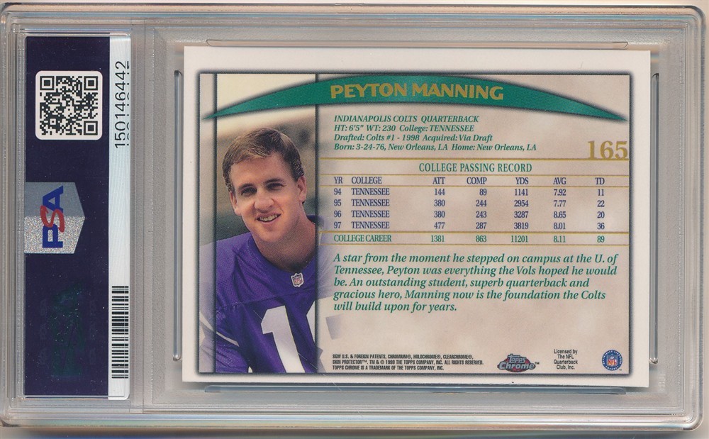 PEYTON MANNING 1998 TOPPS CHROME #165 RC ROOKIE INDIANAPOLIS COLTS SP PSA 9 MINT view 2