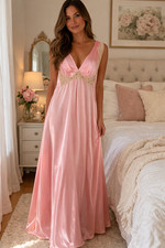 VTG Lanvin Maxi Slip Dress S 4/6 Silk Lace Pink Belted 70's Hollywood Glamour