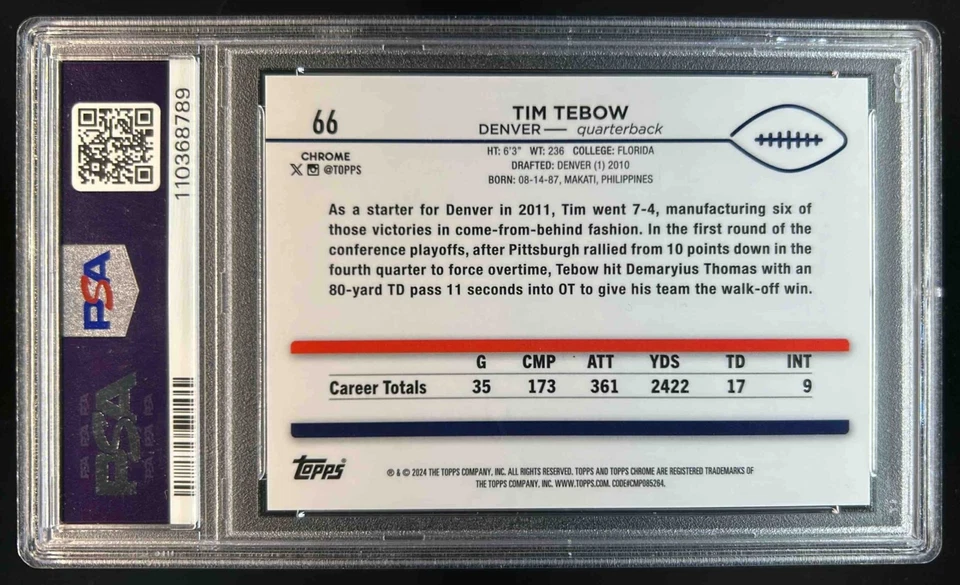 2024 Topps Chrome Tim Tebow Black Geometric Refractor #1/2 Broncos PSA 10 - Image 2 of 2