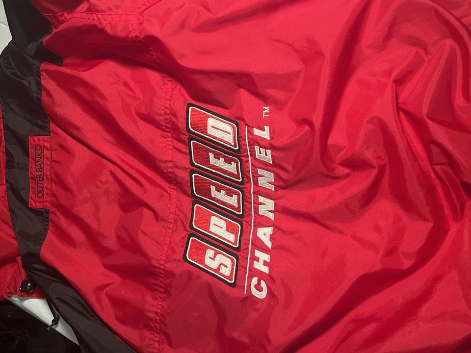 Vintage SPEED Channel Racing Jacket Red Black Nylon Hooded Zip Snap Windbreaker - Image 2 of 2