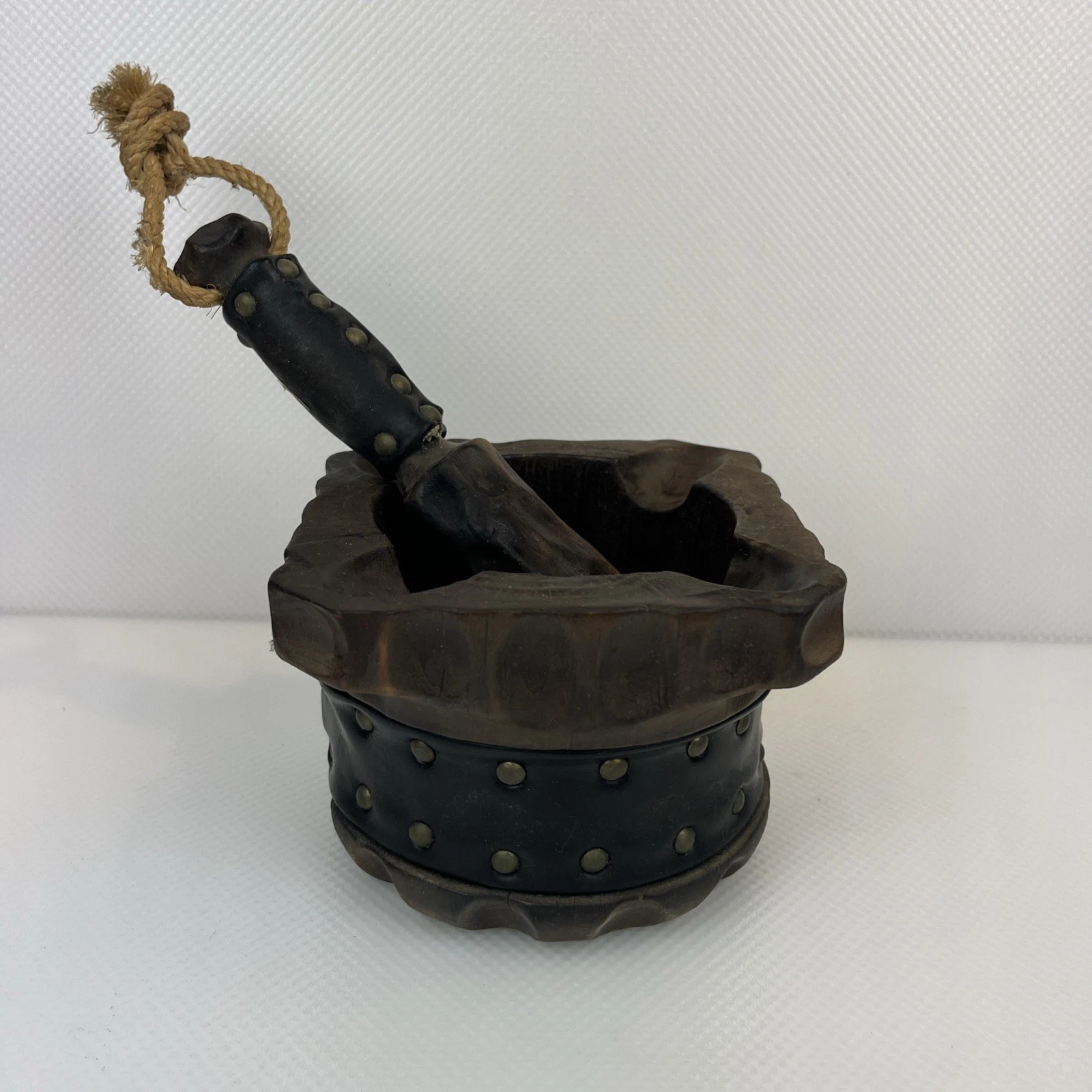 Brutalist Mortar Pestle Apothecary Spain Handmade Black Wooden Nail Head Cosplay