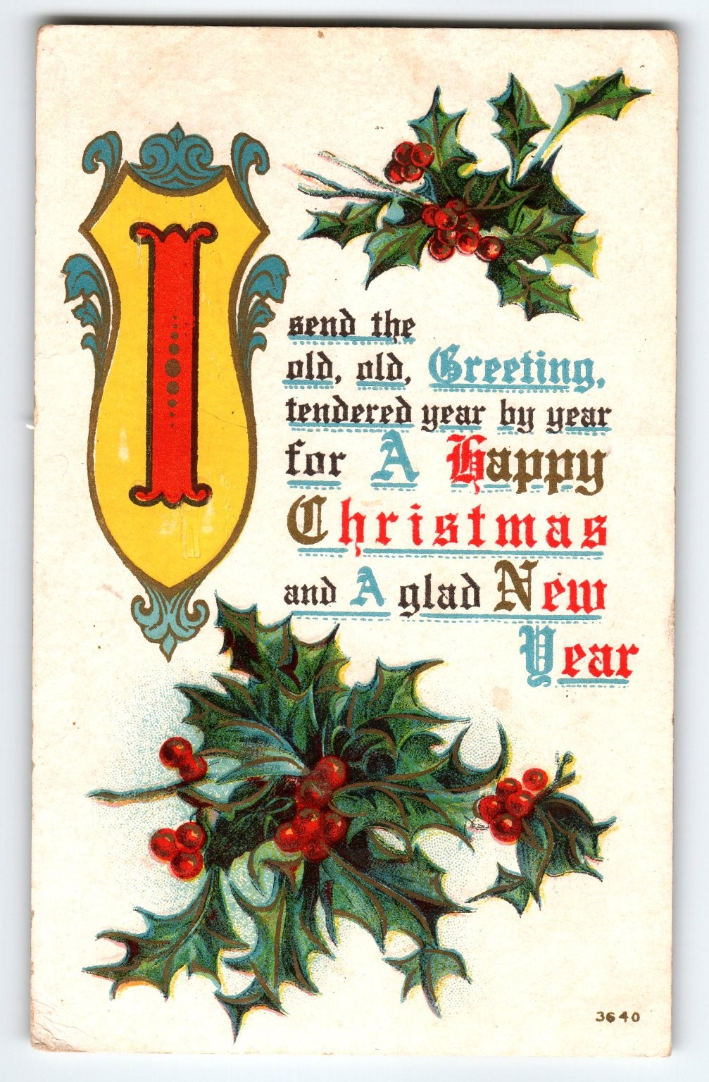 Vintage 1911 Christmas Postcard with Holly Berries & Festive Greeting