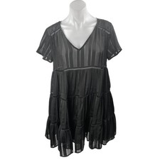 Urban Outfitters Black V-neck Short Sleeve Tiered Sheer Mini A-line Dress Size S