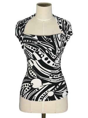 1990s Cache Black And White Abstract Swirl Print Cap Sleeve Fitted Top - Size S