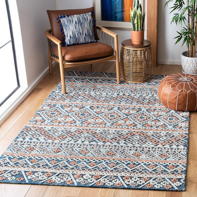 Handmade Moroccan Boho Area Rug 5' x 8' - Blue & Orange for High Traffic Areas