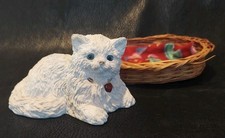 Vintage Stone Critter  Longhair White Cat Blue Eyes With Basket