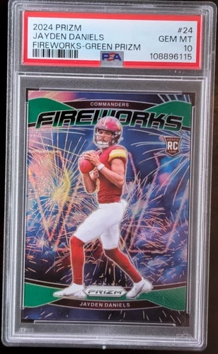 2024 Panini Prizm Jayden Daniels ROOKIE Fireworks Green Prizm PSA 10 Commanders