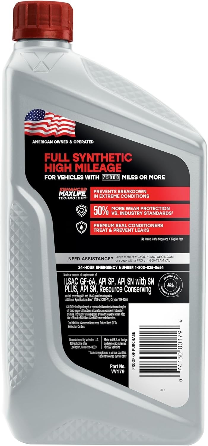 Valvoline High Mileage Full Synthetic 5W-30 Motor Oil 1 Quart