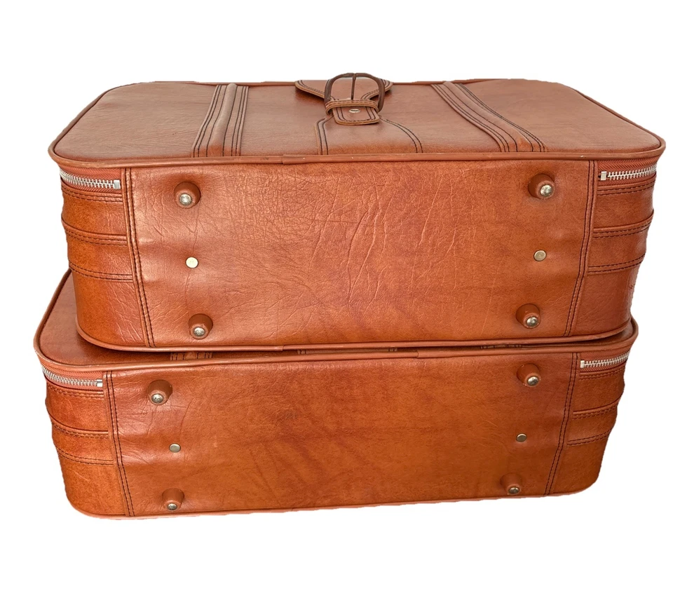 Sears Vintage Brown Leather Buckle Luggage Suitcase Lot Model Rn 9002 & 9004 - Image 3 of 4