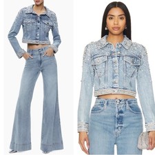 Alice Olivia Nelson Crystal Pearl Embellished Rockstar Blue Denim Jacket Sz XS