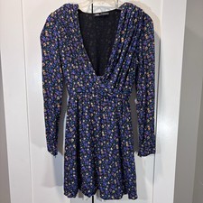 Zara Floral Print Black Multicolor Mini Dress Long Sleeves V-neck Womens Size XS