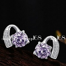 Real 925 Sterling Silver Hypoallergenic Purple Crystal Heart Post Earrings S1049